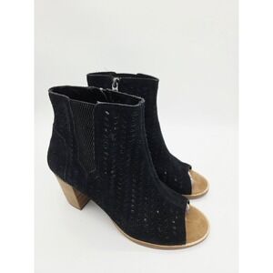 TOMS Majorca Peep Toe Women 9 Perforated Booties Black Suede Ankle Boots